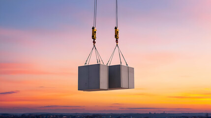 Construction Crane Lifting Concrete Blocks At Sunset Over City