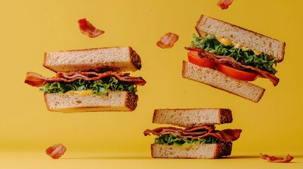 A minimalist photograph featuring the floating components of a classic BLT sandwich   crisp bacon fresh lettuce and juicy tomato slices against a vibrant yellow background