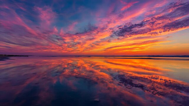 Vibrant sunset reflected in calm water, showcasing fiery oranges, deep purples, and pinks in the sky and their mirror image on the still surface. A tranquil and colorful scene.