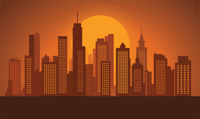 Cityscape in Evening Glow with Buildings Lit Against a Softly Darkening Urban Sky