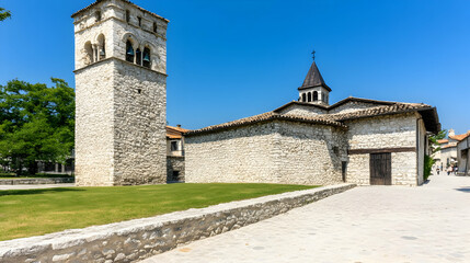 Fototapeta premium Historic stone church with medieval architecture and tower set in a European town surrounded by ancient walls and sky