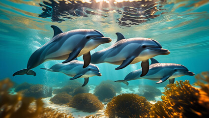 Obraz premium A pod of dolphins swimming underwater with sunlight filtering through the surface of the ocean water