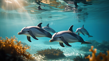Obraz premium A pod of dolphins swimming gracefully beneath the ocean surface in clear turquoise water near coral reefs