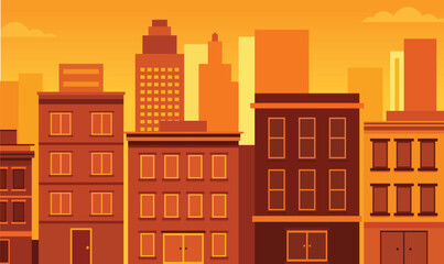 Cityscape in Evening Glow with Buildings Lit Against a Softly Darkening Urban Sky