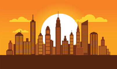 Cityscape in Evening Glow with Buildings Lit Against a Softly Darkening Urban Sky