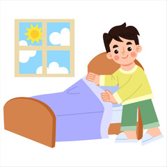 Illustration of Boy Making Bed in the Morning