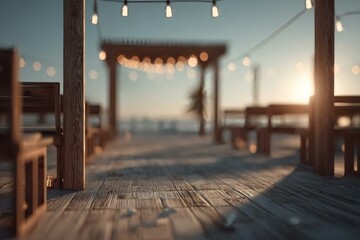 Charming Wooden Deck with String Lights Against Sunset Background