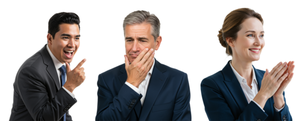 Diverse group of business professionals showing various emotions. Young Hispanic man laughing, middle-aged Caucasian man looking thoughtful, and Caucasian woman clapping.
