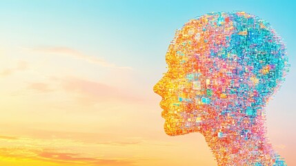 Artificial intelligence digital human head abstract concept. Human mind in technology profile. Abstract digital face with colorful pixels, modern mosaic pattern, concept of innovation and creativity.