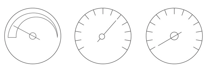 Set of Speedometer icons. Vector scale, level of performance. Speed dial indicator. Green and red, low and high barometers, dashboard with arrows. Normal, Medium and High level indicator.