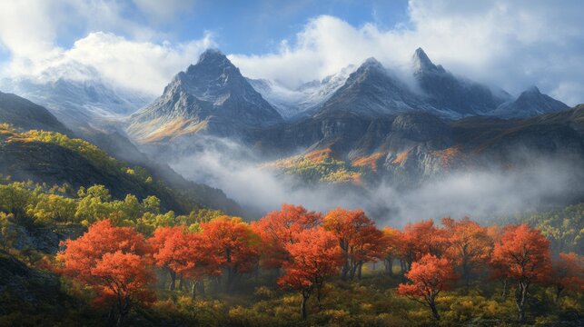 Autumnal Mountain Landscape with Fog and Snow