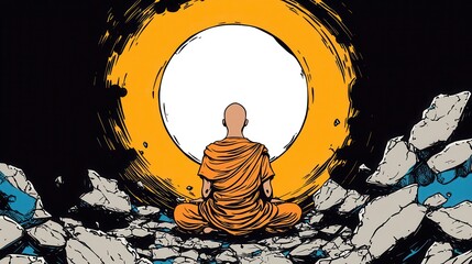 Peaceful cartoon monk surrounded by chaos, emotional contrast, centerleft space blank