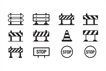 Colored Vector Icons of Road Cones, Barricades, and Directional Signs for Public Safety and Transport Management