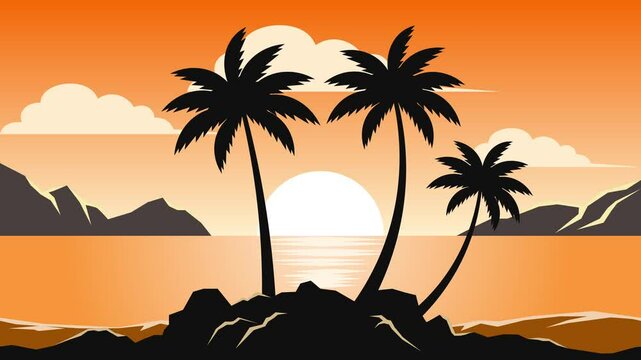 Moving animation of beach scenery with palm trees and sunset, cartoon beach scenery with parallax effect, looping animation