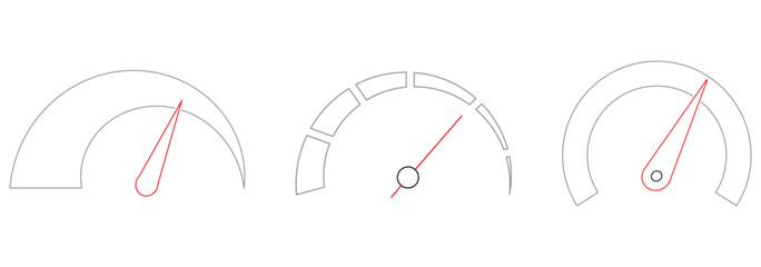 Speed metering icon vector illustration isolated on white background. Green yellow and red, low and high barometers. Normal, Medium and High speed measurement tool. Variety speedometer indicator level