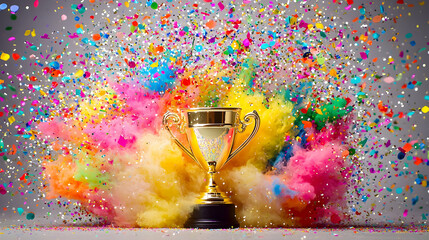 Gold Trophy Surrounded By Colorful Confetti Explosion