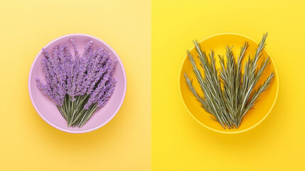 Lavender Bouquet In Pink And Yellow Plates On Pastel Background