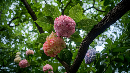 Pink Hydrangea Clusters Among Lush Green Foliage