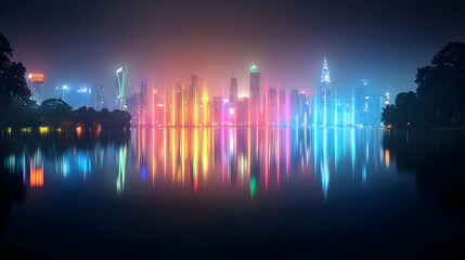 Colorful Cityscape At Night With Reflections On Calm Water