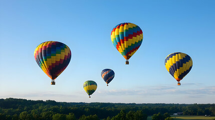 Colorful Hot Air Balloons Over Green Forest Landscape