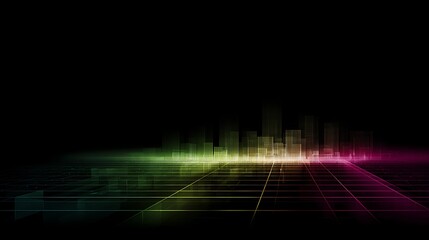 Neon cityscape over dark grid horizon
