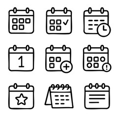 A set of doodle line icons illustrating calendar and planning concepts like date, reminder, event, deadline, and appointment
