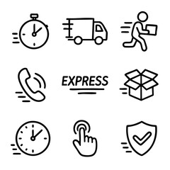 Fototapeta premium A set of doodle line icons showing express delivery and logistics concepts like truck, stopwatch, parcel, phone, and security