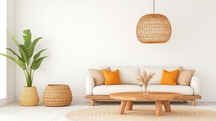 Modern minimal cozy natural livingroom interior. Stylish decor with bright contemporary atmosphere. Interior design, home comfort, relaxation, elegant background, trendy furniture, neutral wall,