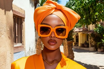 Bold Fashion Statement with Vibrant Orange Headwrap and Sunglasses