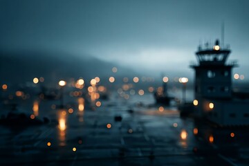 Blurred Night View of Harbor with Soft Lights and Foggy Atmosphere