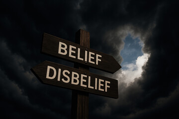 A forked road with a large overhead traffic sign reading "Disbelief" pointing right and "Belief" pointing left