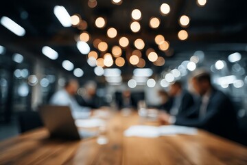 Blurred Business Meeting with Bokeh Lights in Modern Workspace