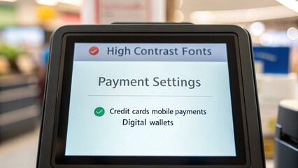 Inclusive payment technology Digital payment screen displaying settings for card and mobile transactions.