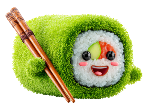 Cute green sushi roll cartoon character holding chopsticks, On Transparent Background, Png - Powered by Adobe