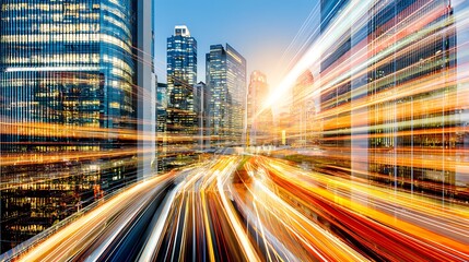 Obraz premium Cityscape with motion blurred traffic trails