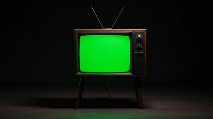 Vintage Television with Green Screen: A classic vintage television set featuring a vibrant green screen, perfect for adding your own content against a stark black backdrop. - Powered by Adobe