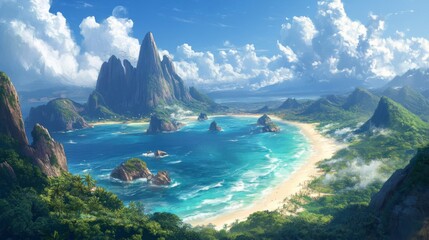 Tropical Island Beach Landscape with Blue Ocean and Rocks