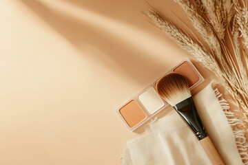 Beauty Products with Brush and Dry Grass on Soft Background
