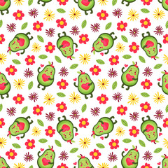 Seamless pattern with cute avocado and flowers. For fabric print, textile, gift, ,baby clothing, wrapping paper. For children. In hand drawn style.