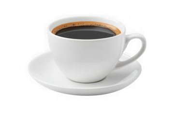 High resolution coffee cup png image, hot black coffee in white cup on saucer, coffee shop, cafe, restaurant, beverage, isolated on transparent background