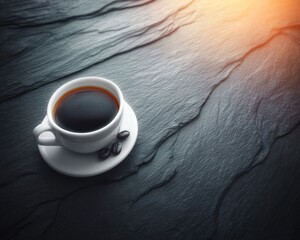Dark coffee in white cup on slate