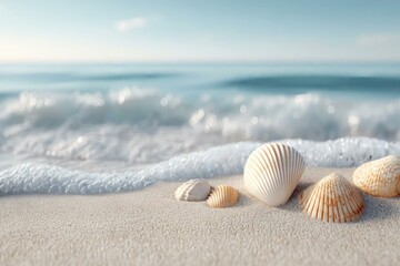 Beautiful Shells on a Sandy Beach with Gentle Ocean Waves