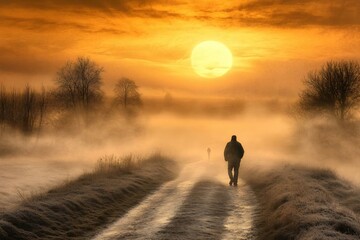 Atmospheric Foggy Landscape with People Walking at Sunset