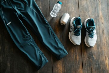 Athletic Gear for Fitness Routine with Water Bottle and Sneakers