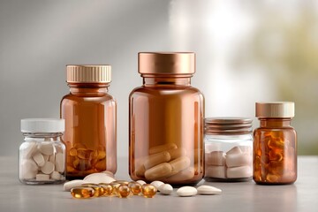 Assorted Prescription and Supplement Bottles with Capsules and Tablets