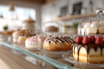 Assorted Delicious Cakes and Pastries on Display in Bakery Shop
