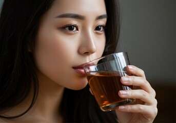close up of a beautiful woman's face drinking a glass of warm tea