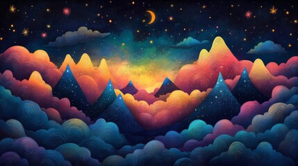 Colorful Mountains at Night Under Starry Sky
