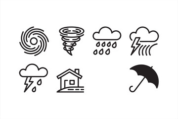 Colorful Weather Forecast Icons of Wind, Tornadoes, Umbrellas, and Lightning for Climate Communication and Meteorological Visualization