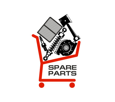 Fototapeta Car spare parts store icon automobile station or auto mechanic shop, vector sign. Car spare parts symbol of engine piston, spark plug and gears in shopping cart for automotive workshop or auto service
